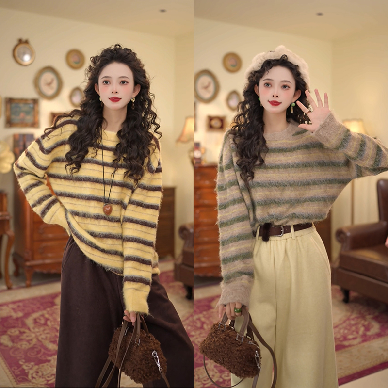 扣子家【浮生寄梦】秋冬条纹针织衫保暖发热厚款毛衣KQ8253221
