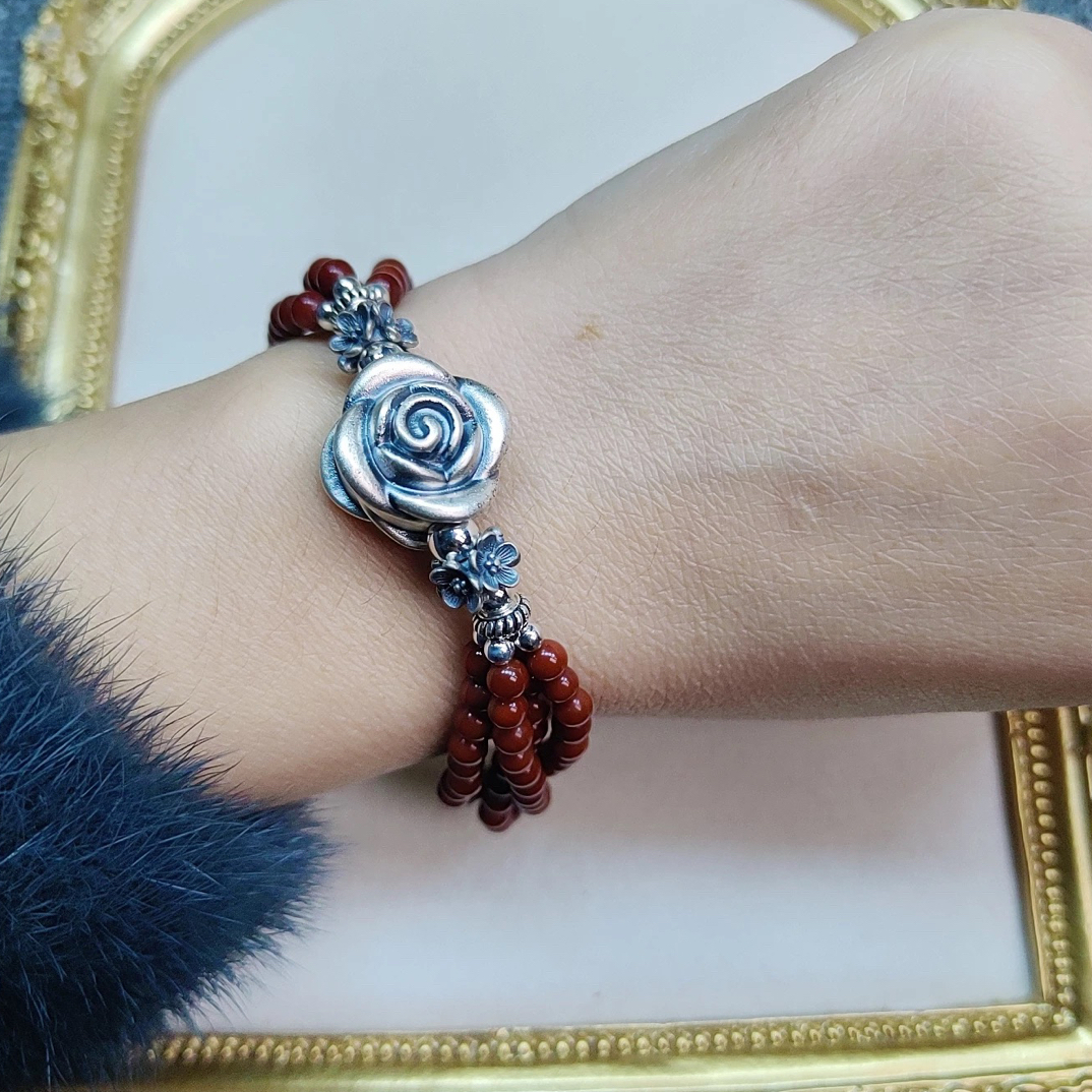 通体925银配件天然南红玫瑰花手链