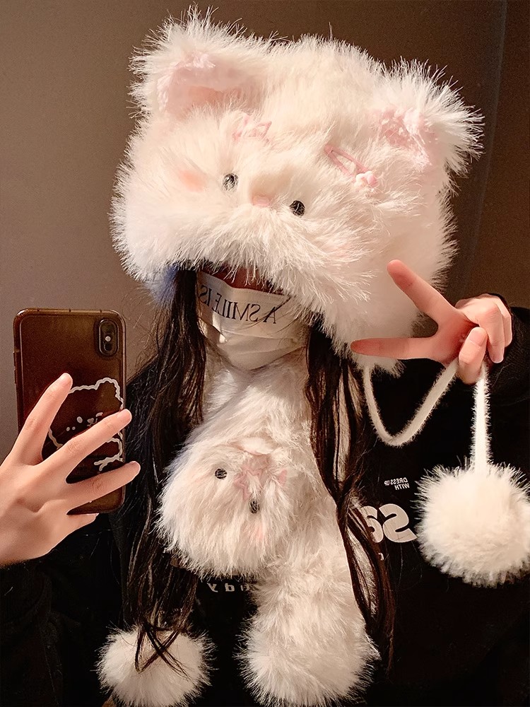 可爱发夹猫咪毛绒帽子女秋冬季加厚保暖防寒护耳雷锋帽护颈围脖