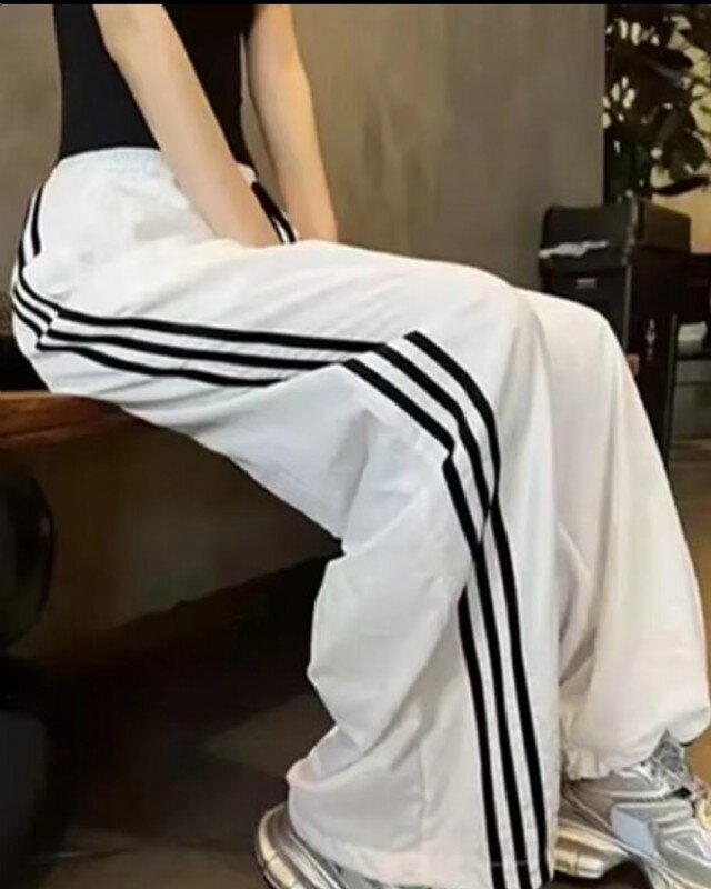 【门店同款】秋季高腰口袋透气阔腿裤拼接休闲裤白色宽松直筒长裤