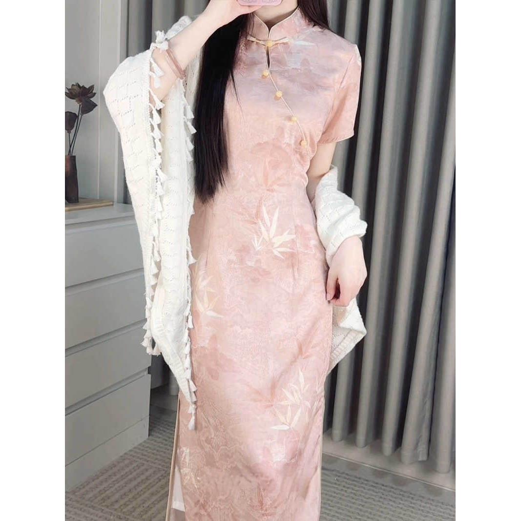 【桃之夭夭】日常粉色复古旗袍夏季水墨风少女改良高端气质连衣裙