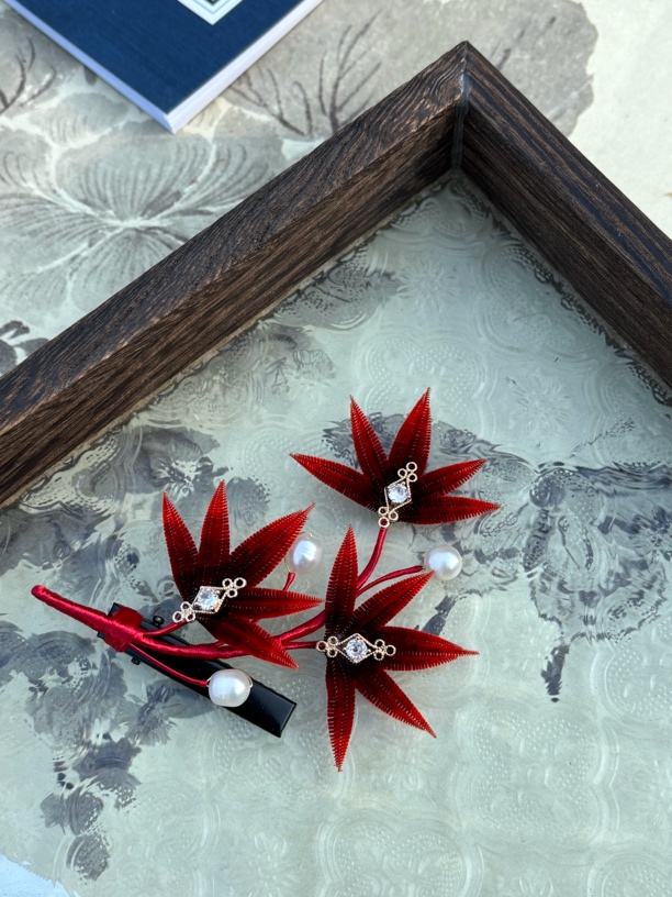 清旖 原创手作 非遗绒花 枫叶发夹 古风汉服旗袍发饰