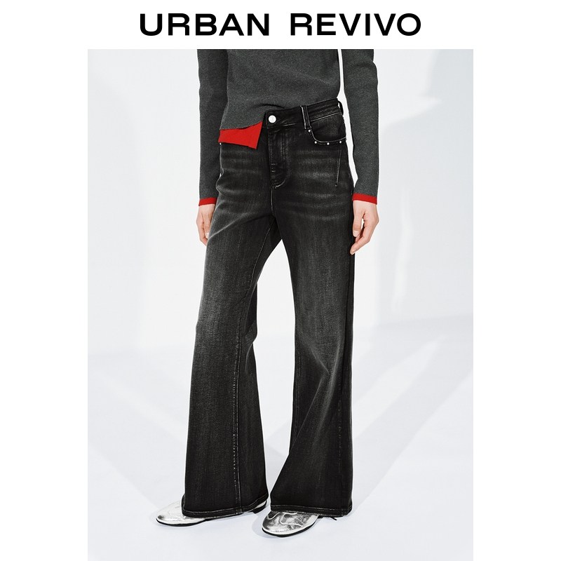 UR2026春季新款女装潮流做旧水洗铆钉喇叭牛仔长裤UYV860014