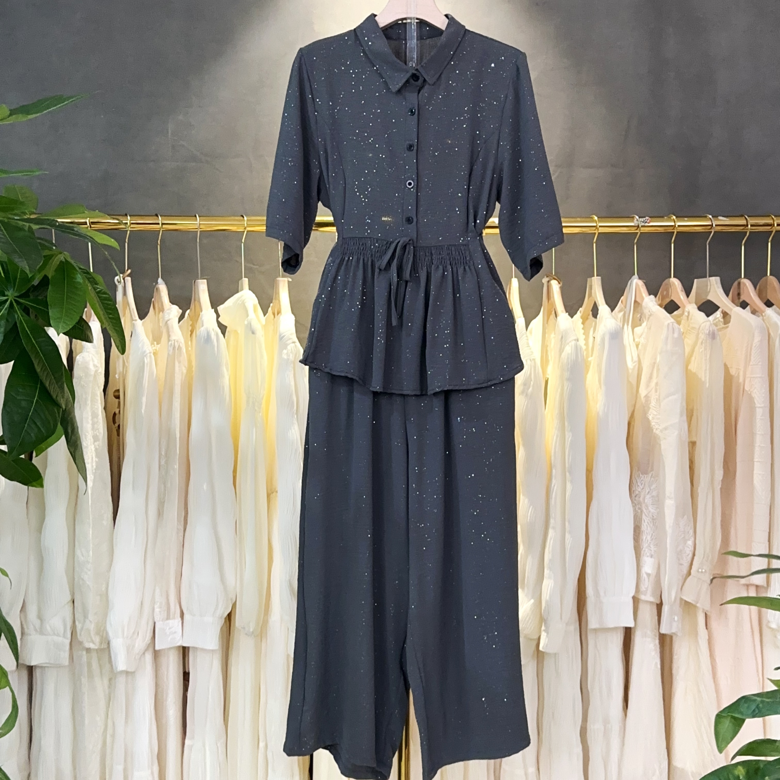 K2009五分袖大码衬衫拼接系带纽扣薄款宽松型适中四季通用套装