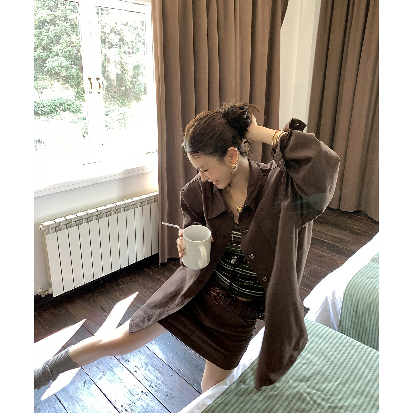 【酷妹猎手】牛仔衬衫女+牛仔a字短裙套装4496