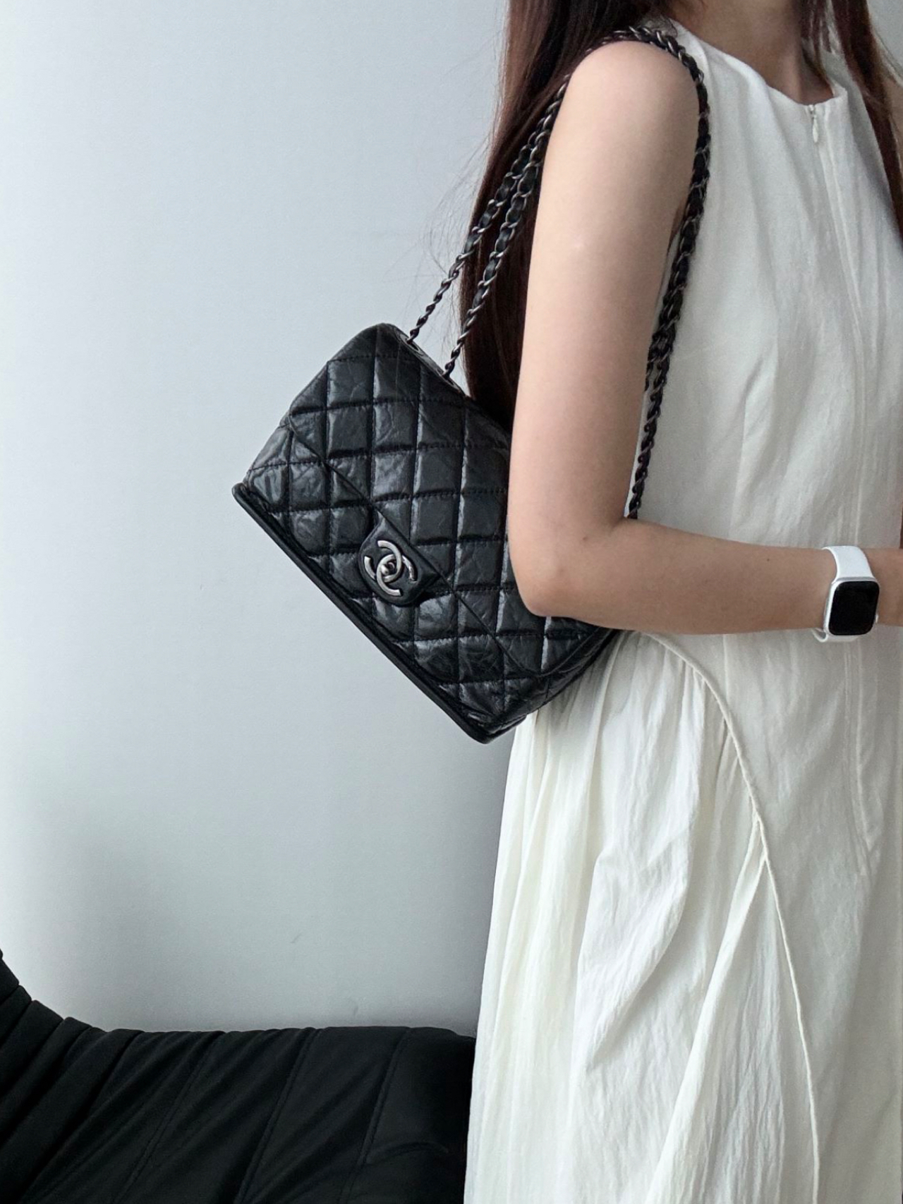 95新 Chanel/香奈儿 7393 Chanel  黑银油蜡牛硬底cf单肩包