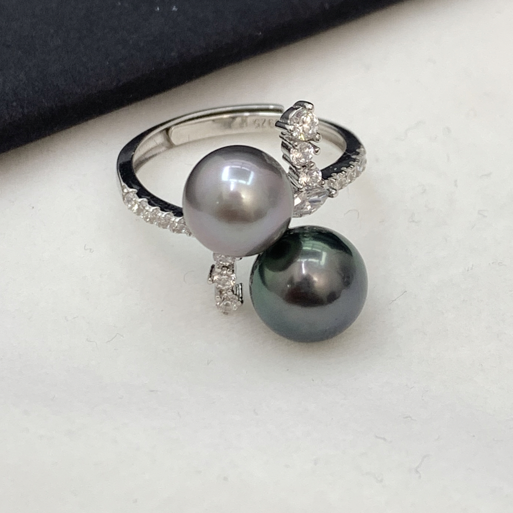 天然海水珍珠大溪地珍珠戒指双珠戒指8-9mm s925银珍珠戒指