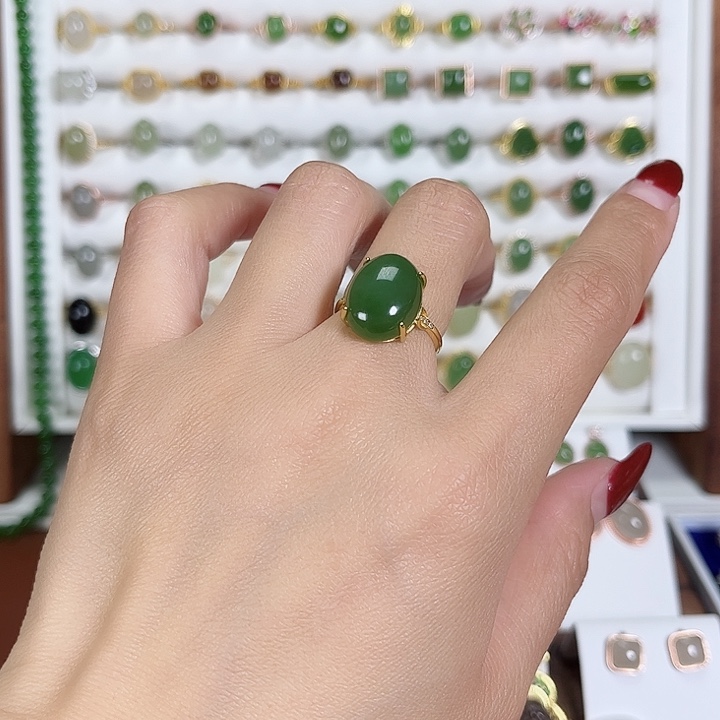 和田玉戒指银S925镀金镶嵌