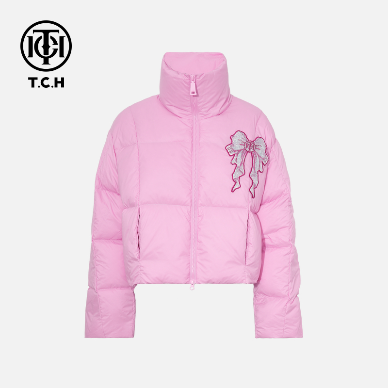 TCH冬款轻奢慵懒风烫钻时尚淑女粉色羽绒外套T75C19E9006私服户外