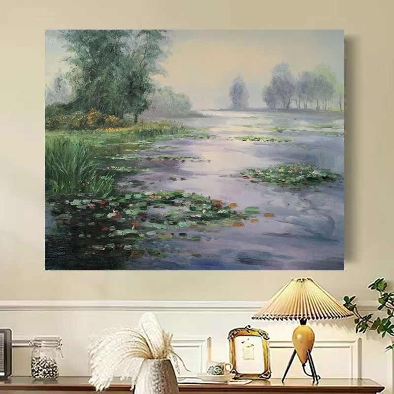 《睡莲静湖》50*60含内框，刘春建手绘油画装饰画，客厅背景墙挂画