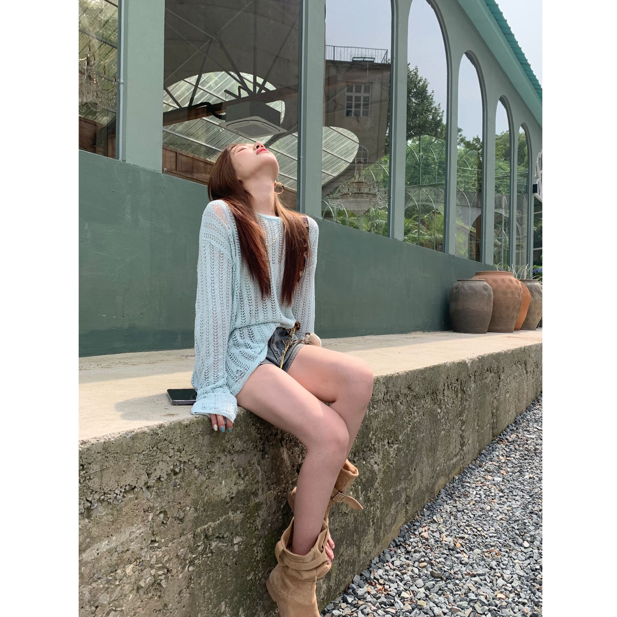 夏季薄荷绿镂空薄款针织衫