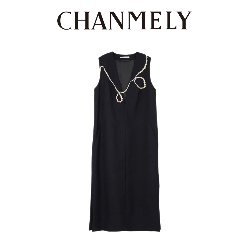 【CHANMITY】24/FW高级手工珍珠缀饰提花无袖羊毛连衣裙023194
