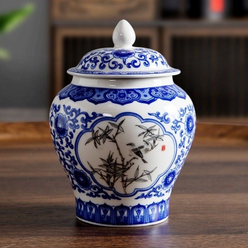 100青花茶叶罐釉下陶瓷茶叶罐干货密封罐家用陶瓷防潮茶罐将军罐
