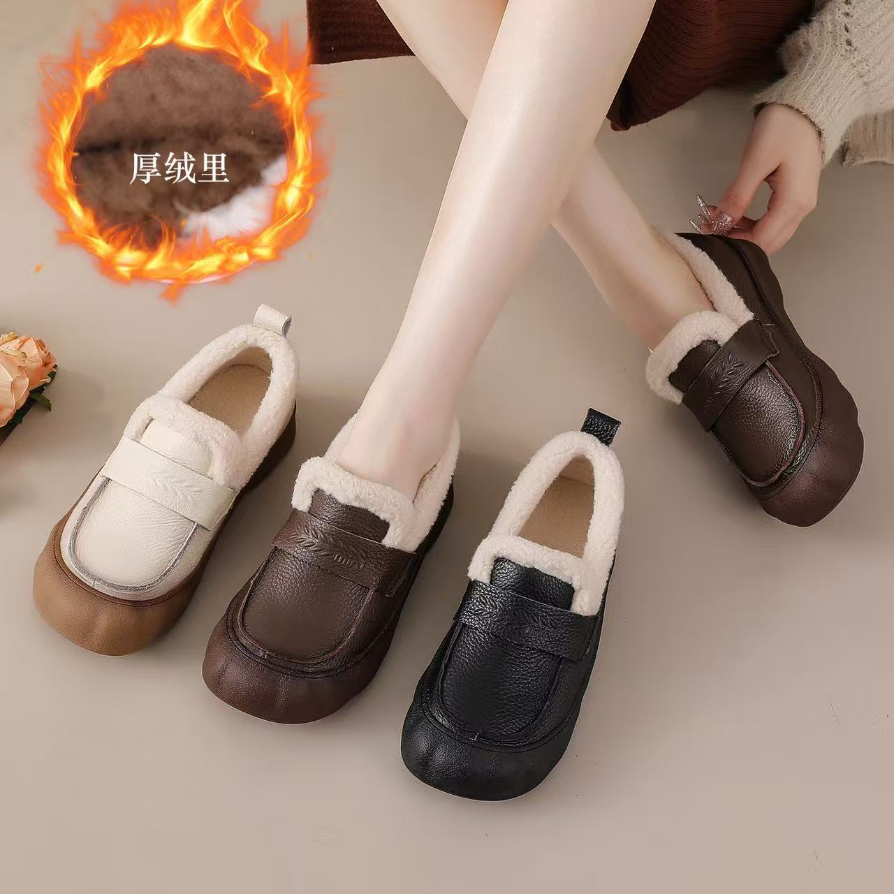 头层牛皮一脚蹬毛毛口鞋2025秋冬款平底休闲棉鞋软底加绒保暖皮鞋