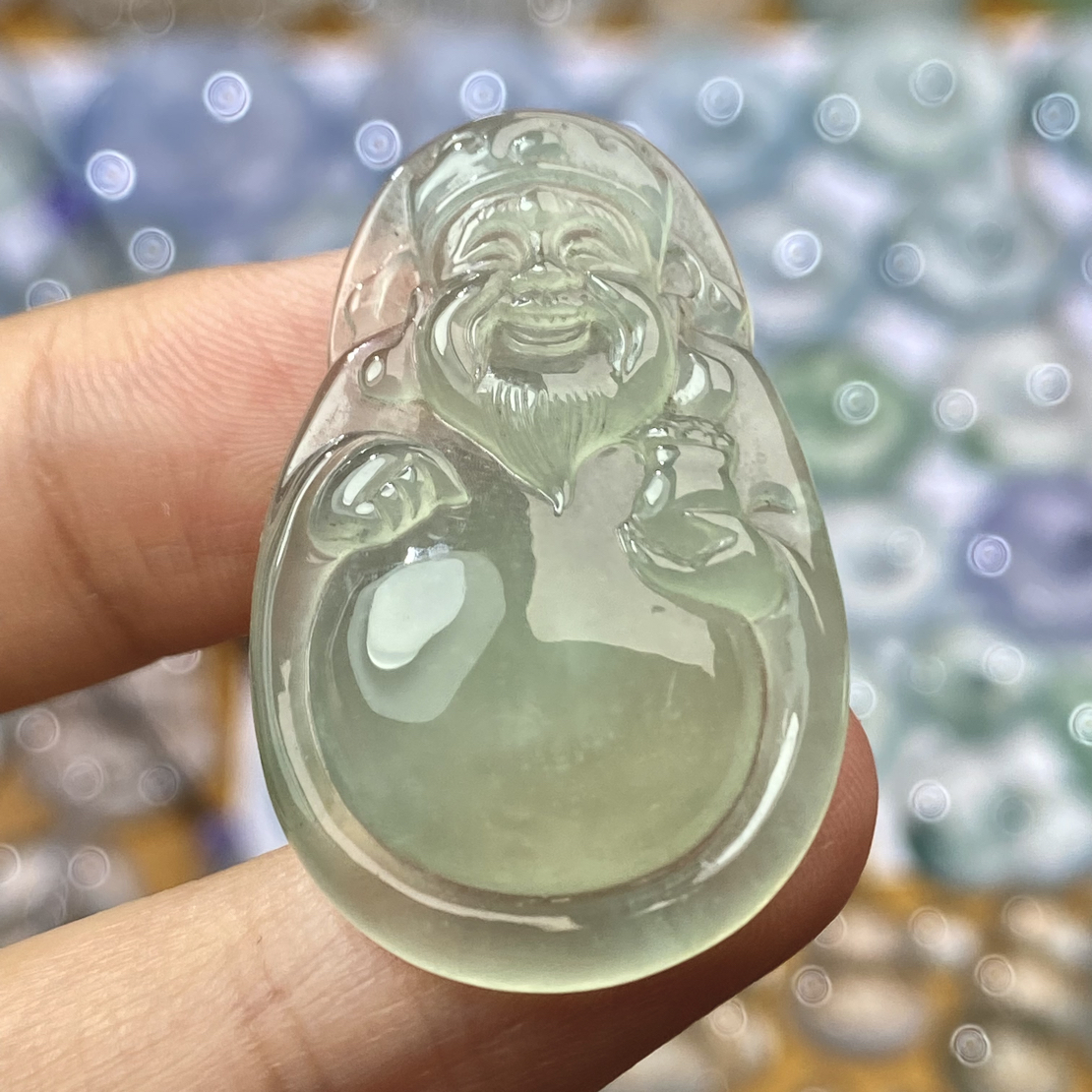 天然缅甸a货翡翠财神橄榄绿冰胶一刀切财神爷 尺寸：33.9-22-5.1