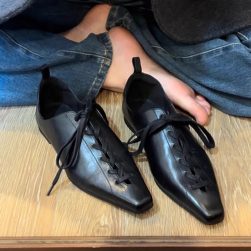 牛皮版~复古系带平底鱼骨鞋英伦风方头气质百搭小皮鞋深口单鞋女
