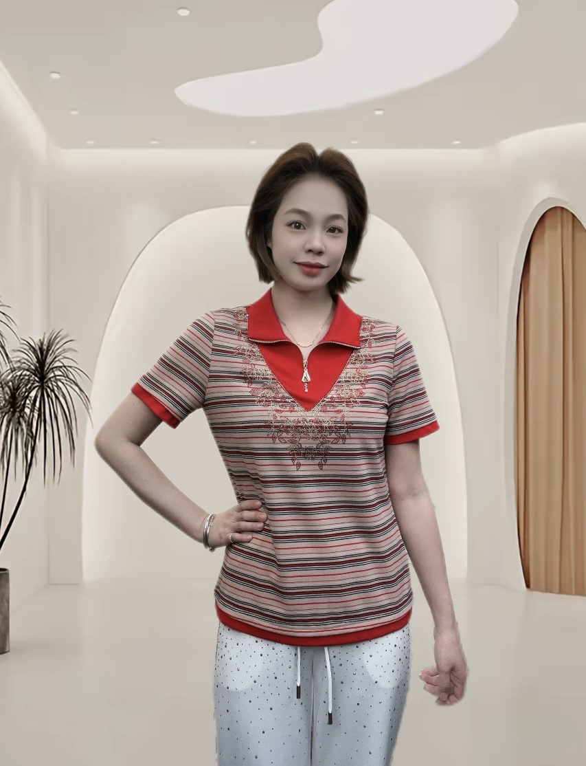 25年夏季新款休闲短袖女小衫大码宽松气质时尚百搭半袖翻领条纹