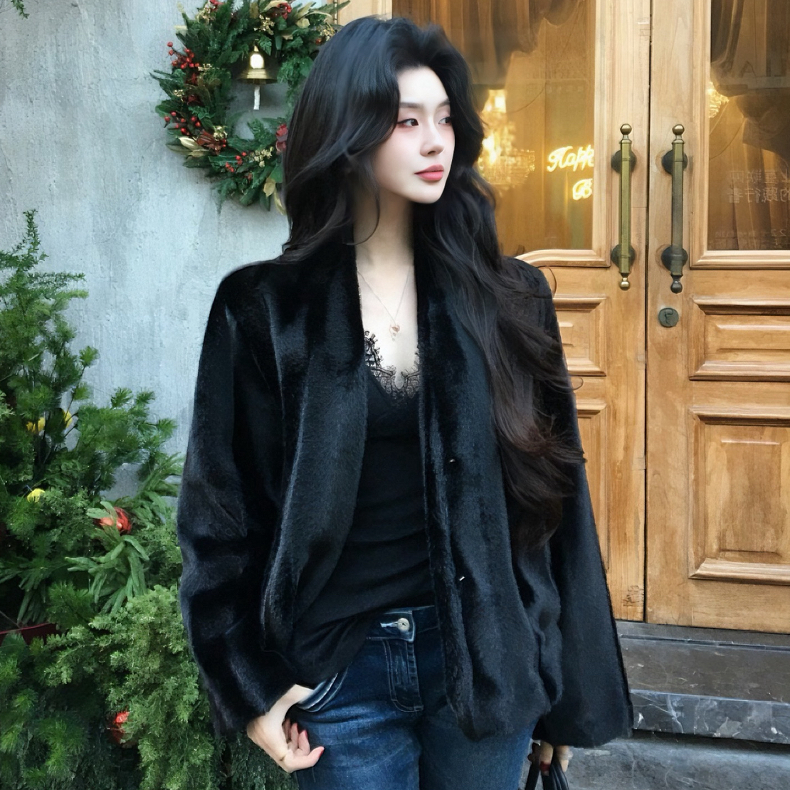 宝嘉美V领显瘦轻奢风气质毛毛外套冬光泽仿皮草紫标抽刀外套大衣