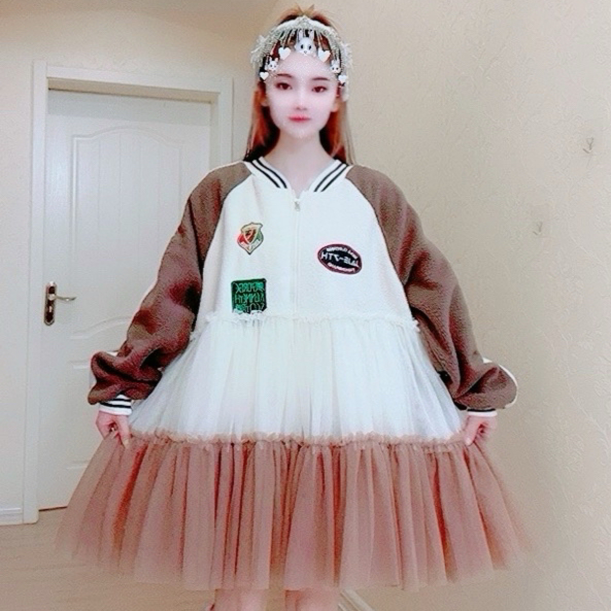 【面条家】5372#高品质纱纱拼接加绒外套纱纱拼接连衣裙