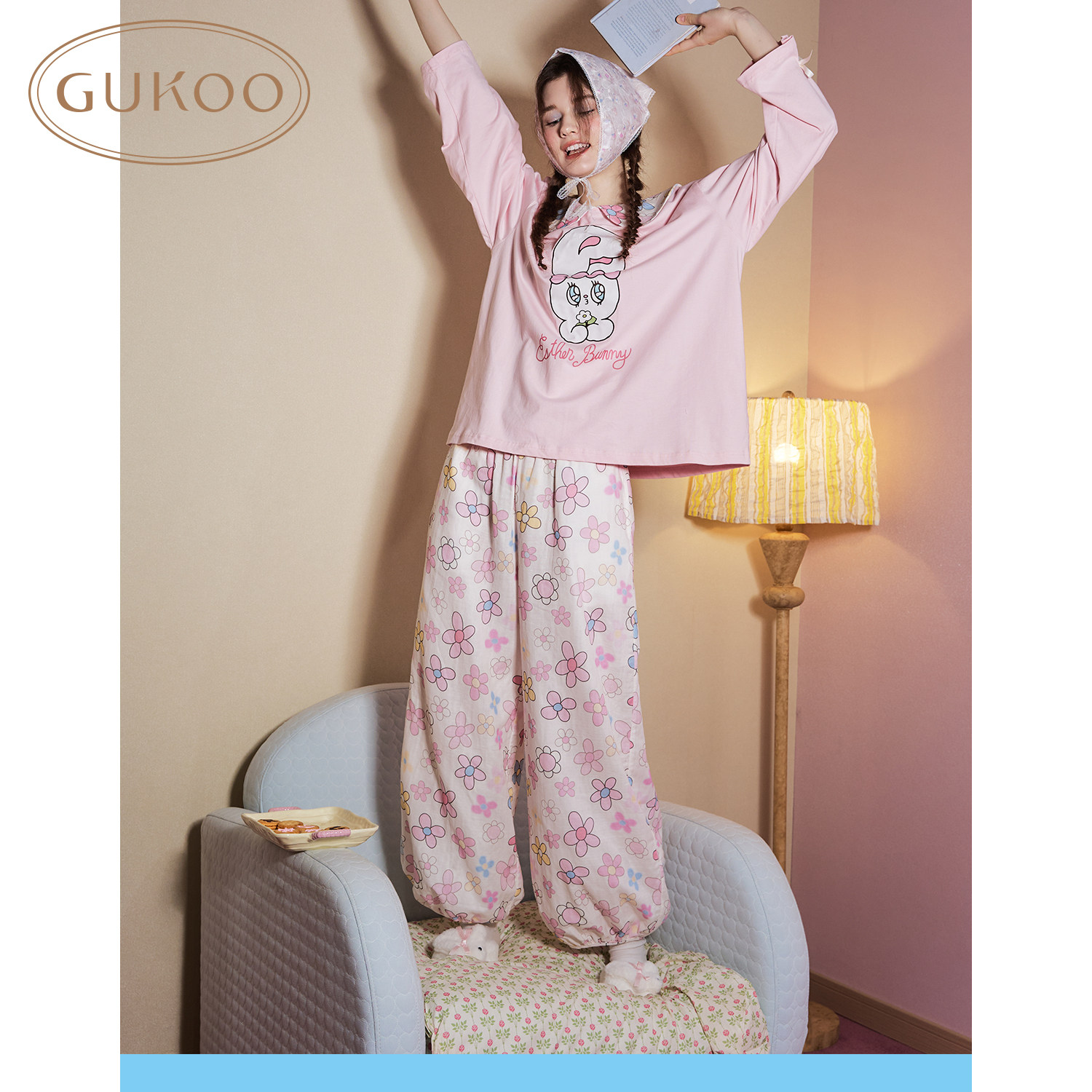 Gukoo/果壳睡衣女春秋款艾丝乐小兔联名新款可外穿家居服套装C