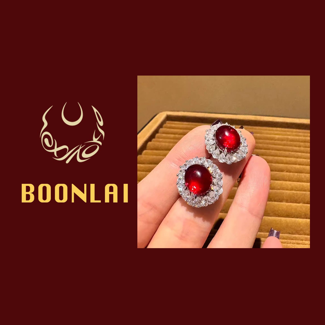 铜合金锆石耳饰 Boonlai  国风新中式红色椭圆镶钻蛋面耳环