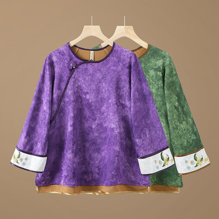 复古斜襟盘扣中式大码上衣圆领改良国风刺绣小衫女