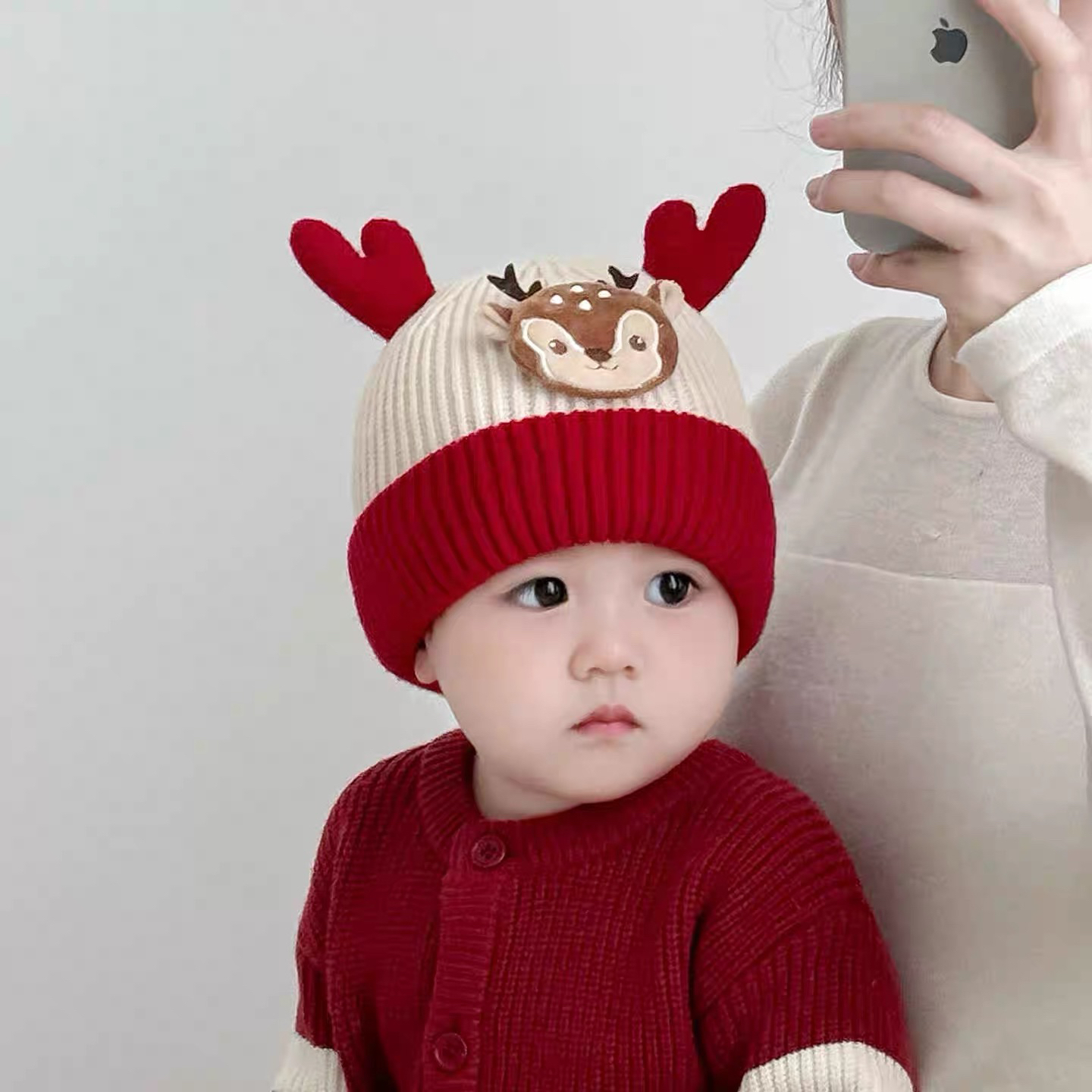 婴儿帽子秋冬季宝宝鹿角针织帽加厚保暖冬款婴幼儿小童毛线帽护耳
