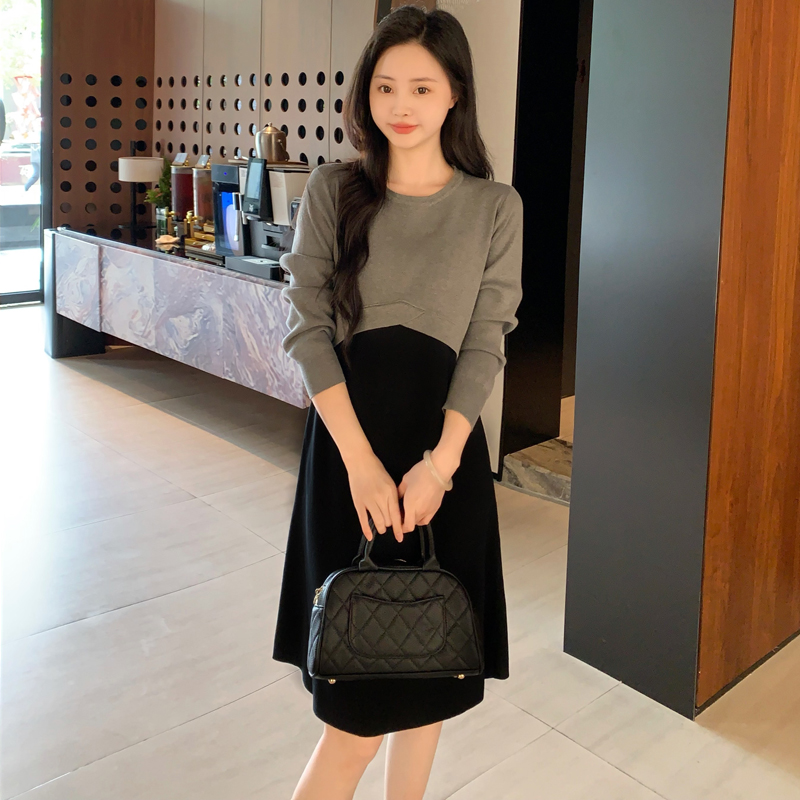 2025冬装新款长袖胖mm遮肉显瘦假两件拼接圆领气质针织连衣裙8866