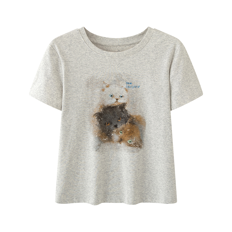 MM商场同款2025夏季新百搭小个子休闲猫咪印花短袖T恤上衣女00391