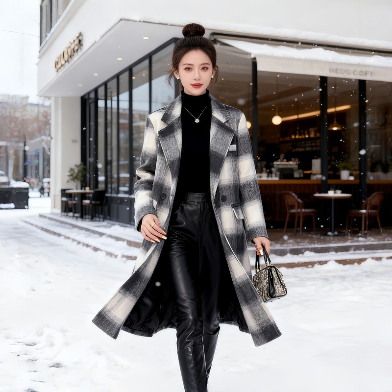 秋冬款韩版格子毛呢大衣修身显瘦时尚气质中长款千鸟格双面呢外套