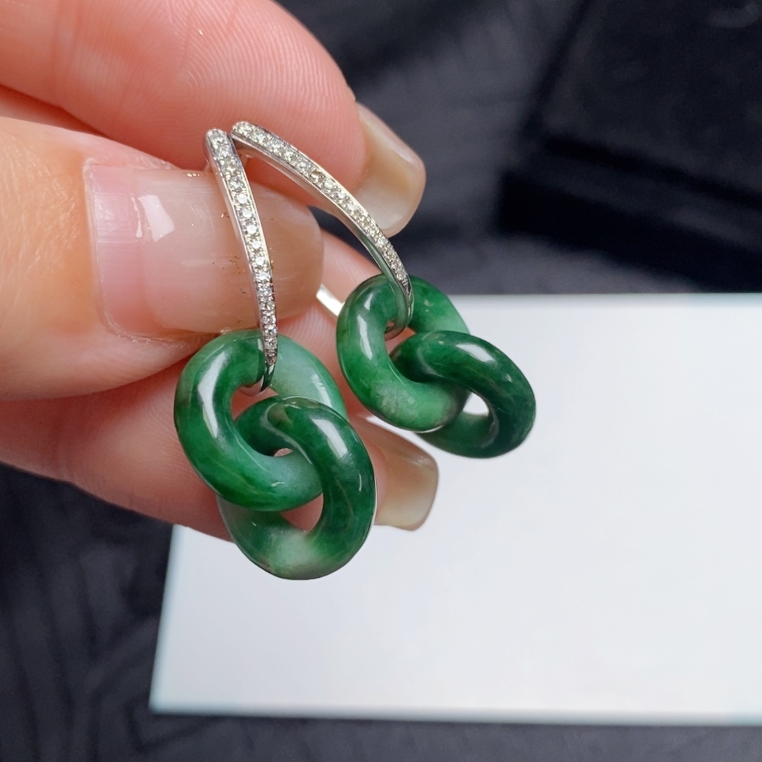 翡翠18K金镶嵌耳饰双环