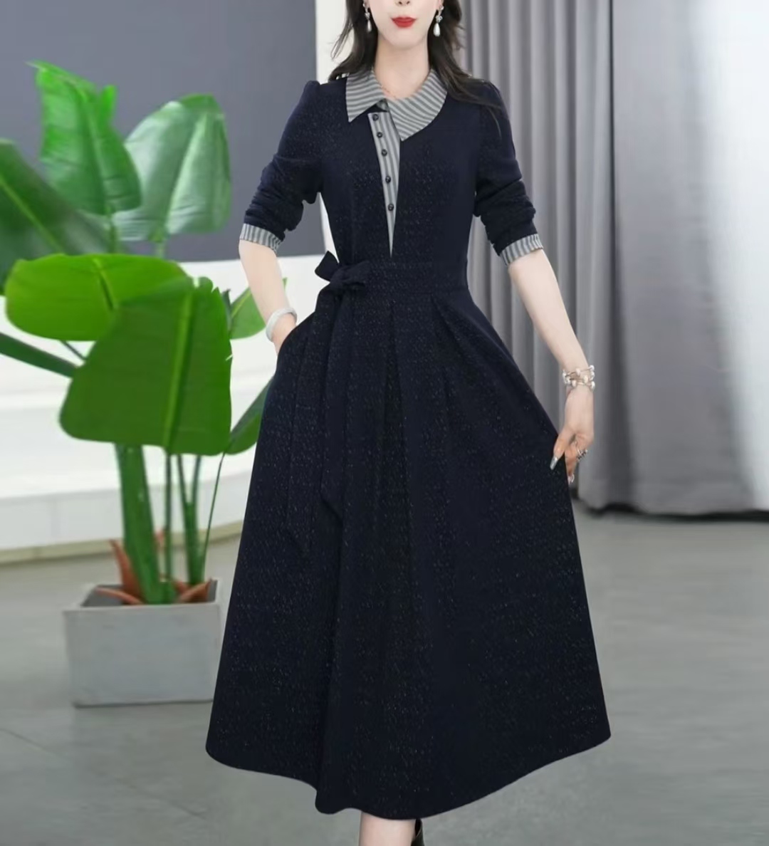 A017 长袖复古时尚设计连衣裙早秋新款女气质系带显瘦妈妈装
