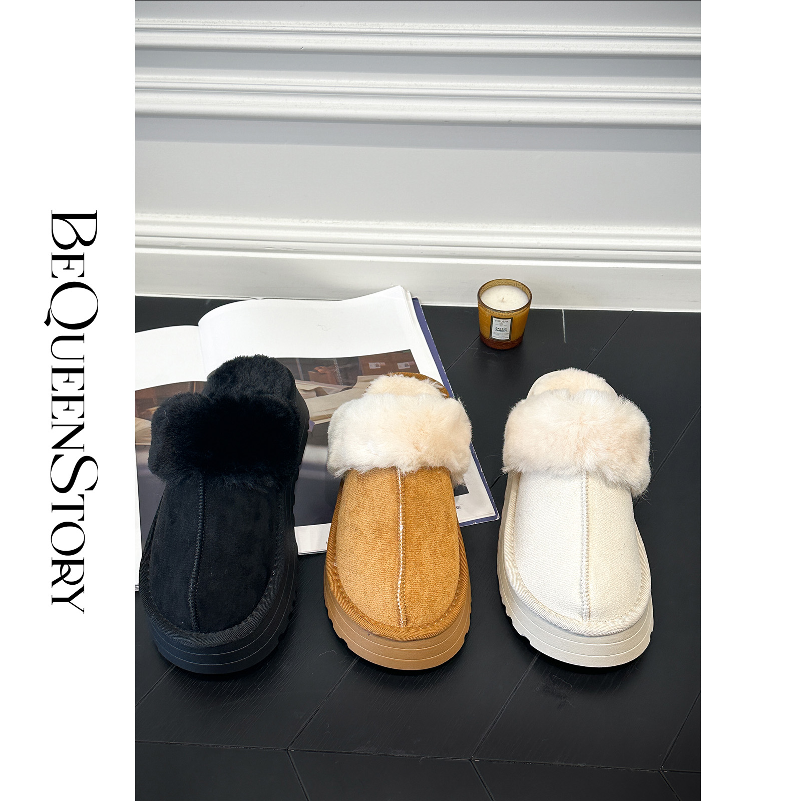 余潇潇配饰 时尚柔软舒适保暖加绒厚底毛毛鞋子冬季新款