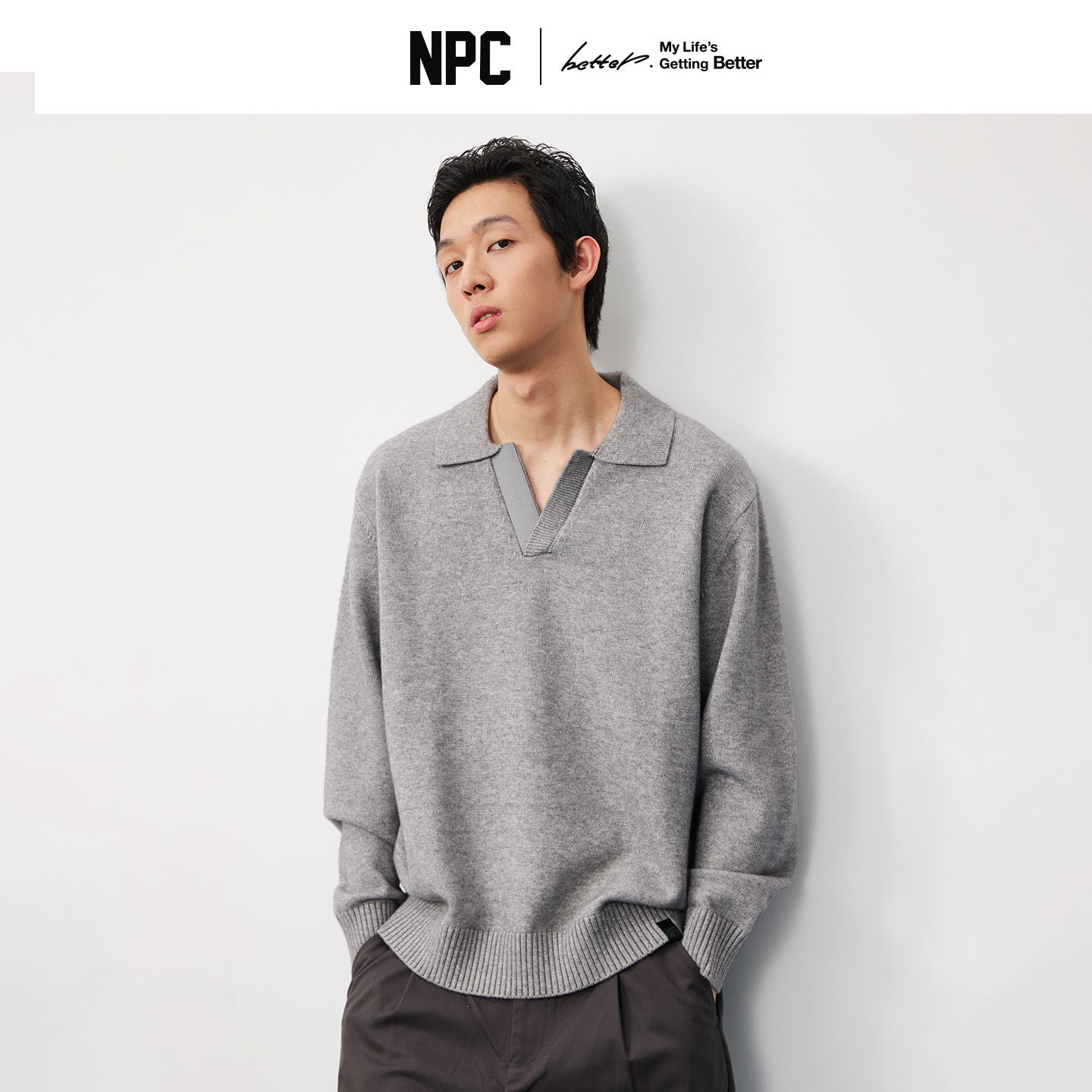 NPC潮牌复古拼接海鸥领休闲针织毛衣男休闲商务潮流NP57SW34