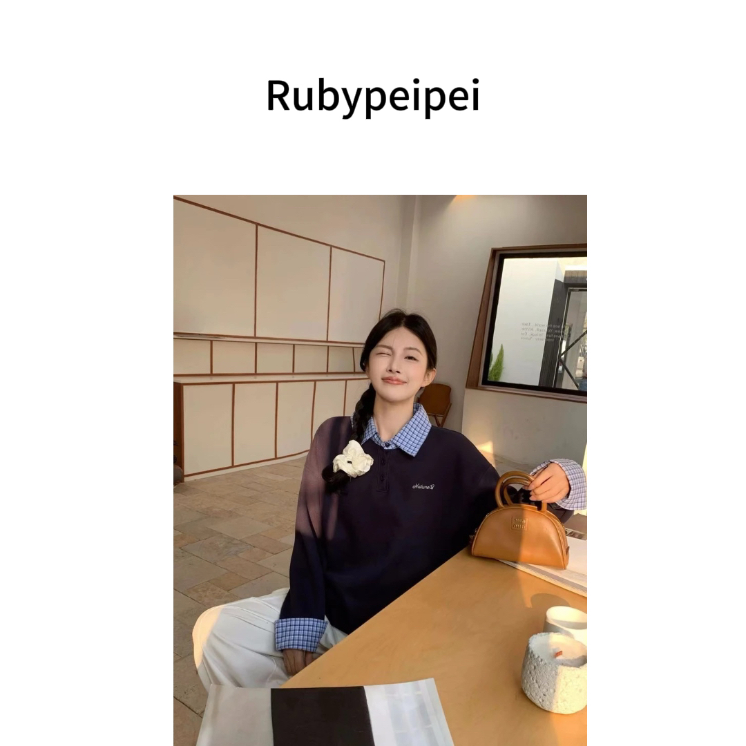 【Ruby佩】新品撞色格子假两件学院风常规长袖卫衣