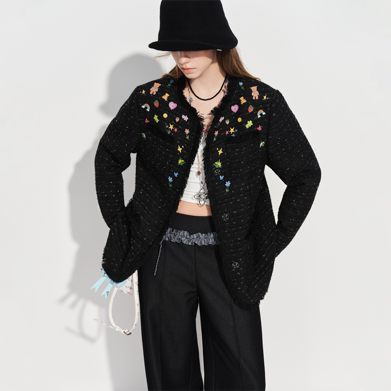 范思蓝恩设计感手绘图案小香风冬千金感粗花呢短外套25FS14421