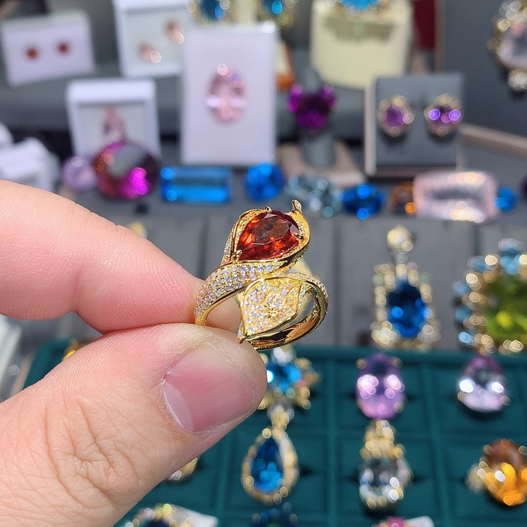 石榴石戒指银S925镶嵌戒指