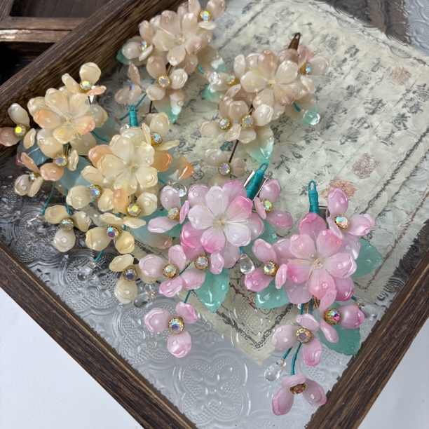 热缩海棠原创设计热缩多色异色牡丹小绣球发夹汉服头饰古风发饰