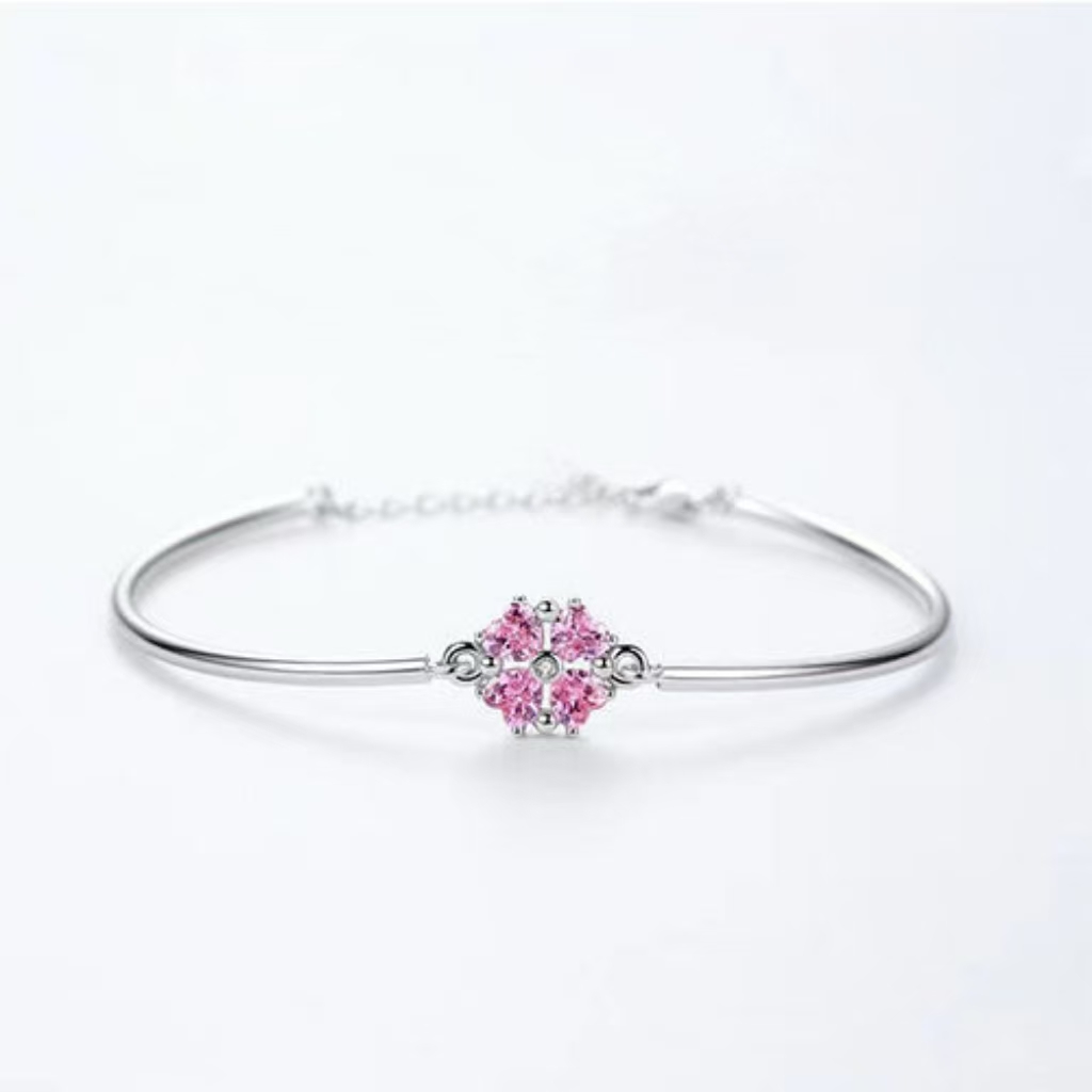 非金属合成锆石手链 高级时尚粉色四叶草简约女简约百搭甜美手链