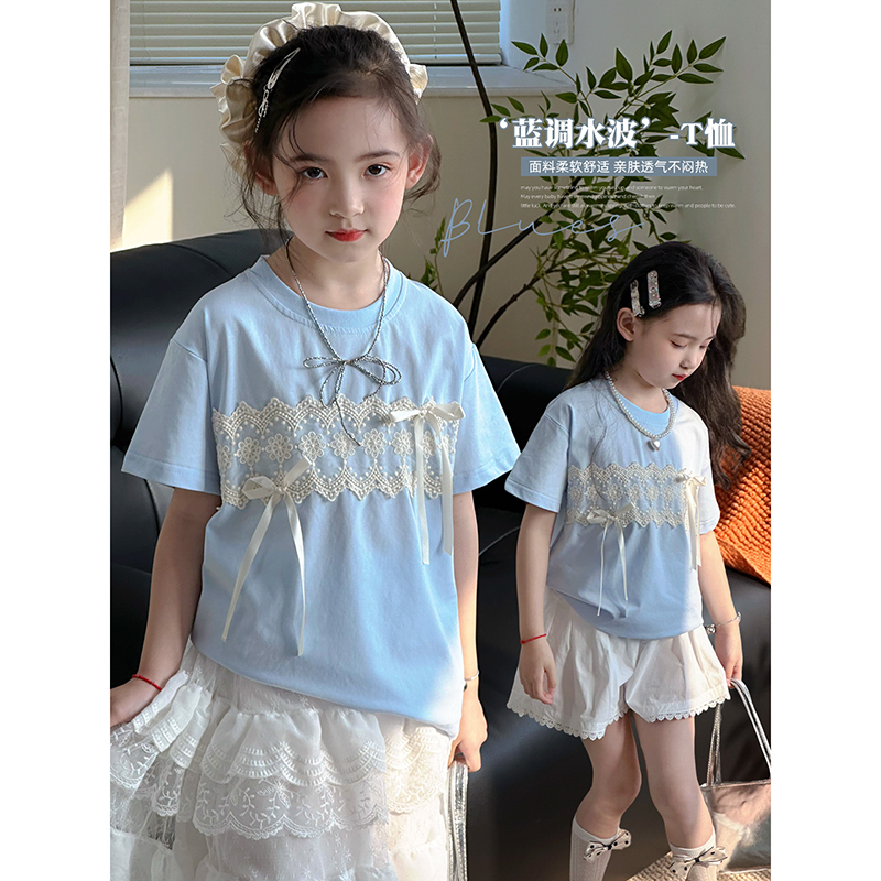 女童T恤夏季新款儿童蕾丝拼接短袖上衣中大童女孩打底衫25031507