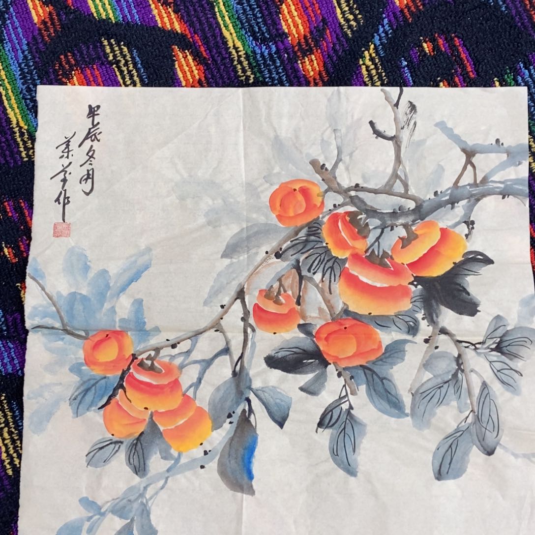 国画斗方柿子花鸟