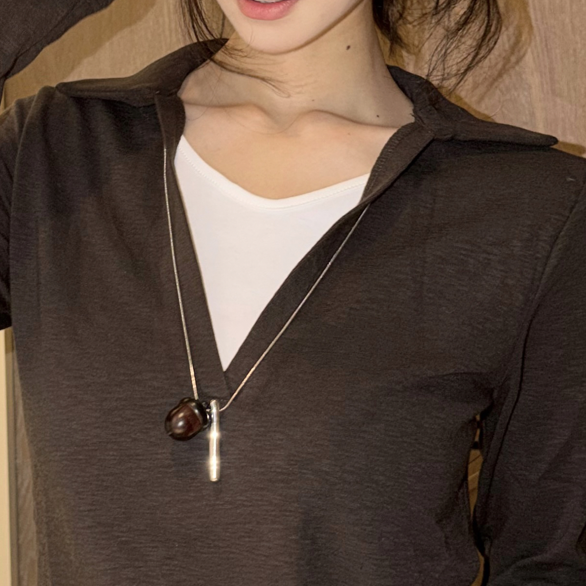 钛钢吊坠 松果银色毛衣链