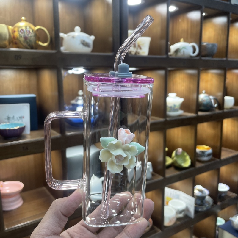 可加热明火电陶炉耐高温吸管杯粉色把手方型水杯带粉紫盖手工捏花
