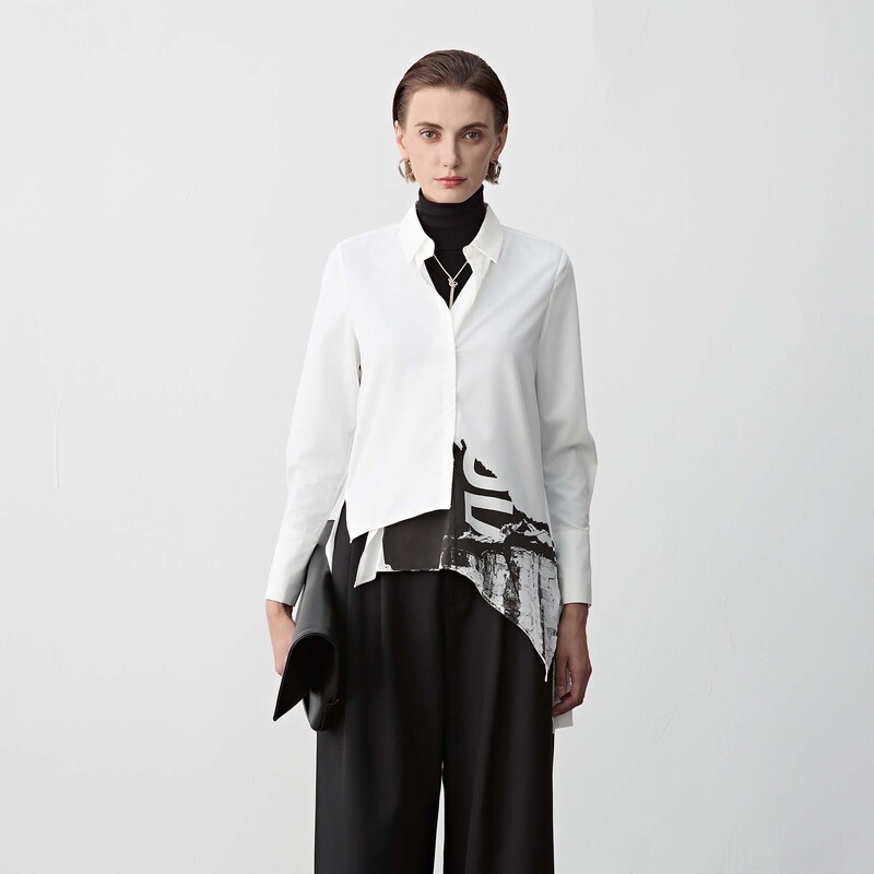 圣迪奥女装时尚休闲翻领撞色字母不规则长款衬衫S24180506