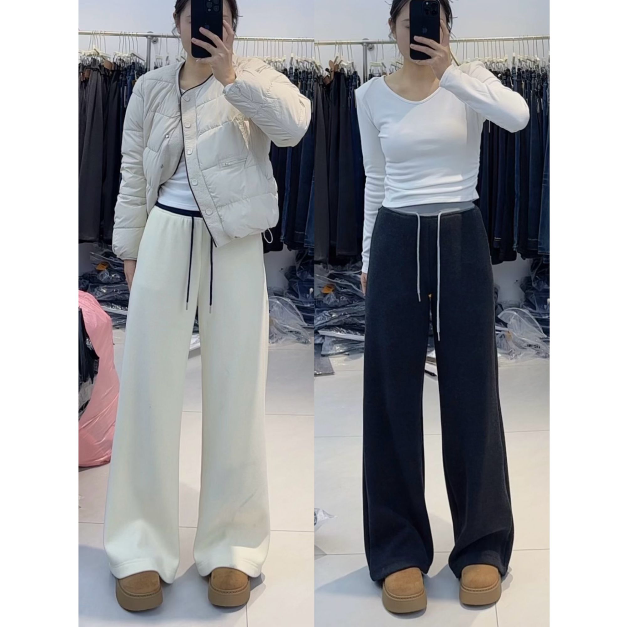 9885冬季新款加绒韩系简约慵懒感百搭高腰休闲宽松阔腿裤