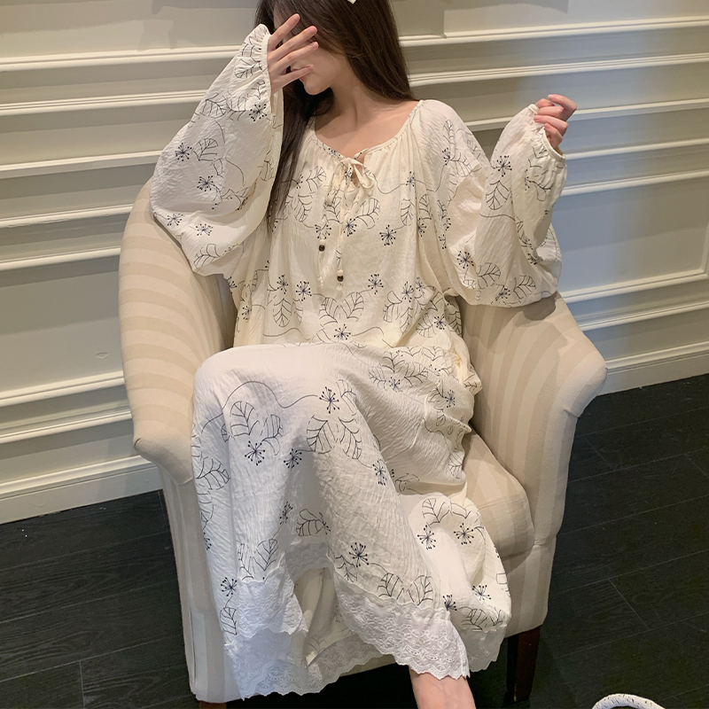 庆同2025新款秋季大码宽松长袖睡裙女士带胸垫睡衣休闲家居服春天