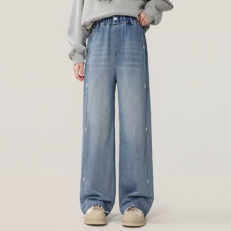 女童珍珠阔腿牛仔裤2025年新款中大童青少年女孩休闲长裤25737