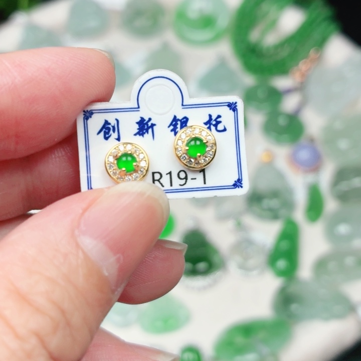 翡翠银S925镶嵌耳饰缅甸天然A货翡翠