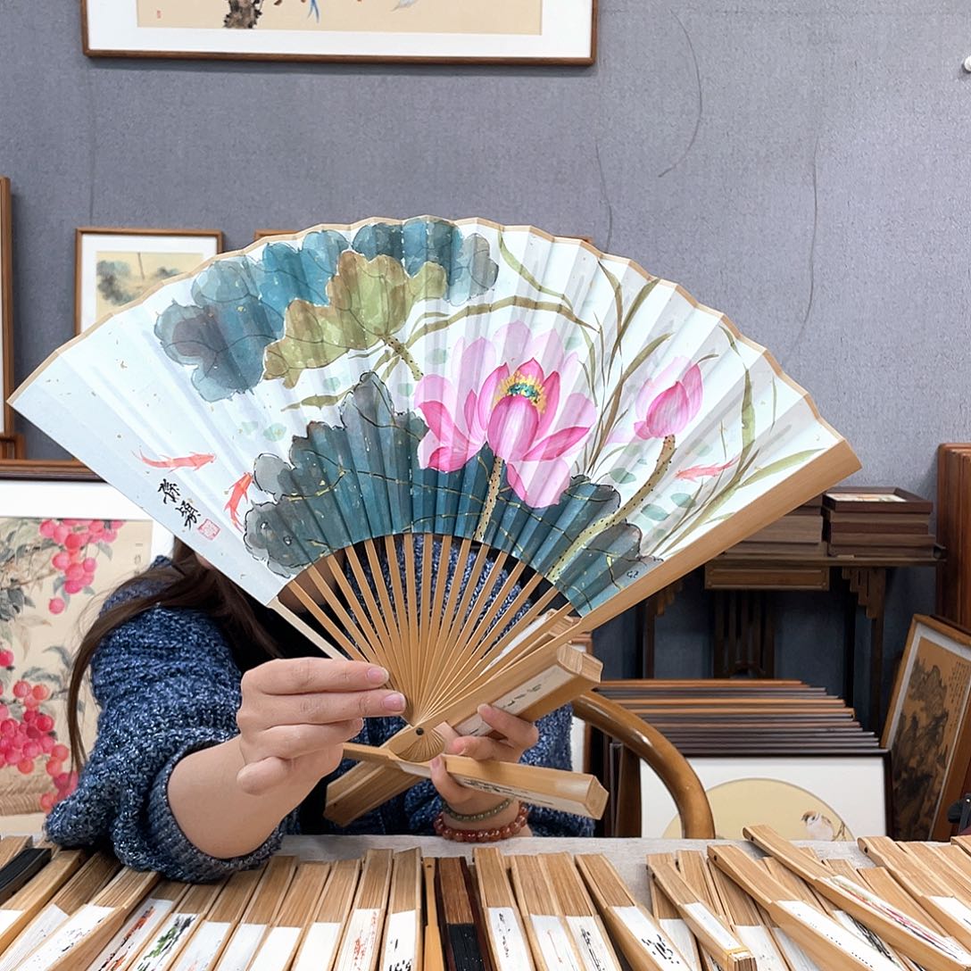 国画95寸玉竹-纯手绘-文玩扇骨（默认粘好）