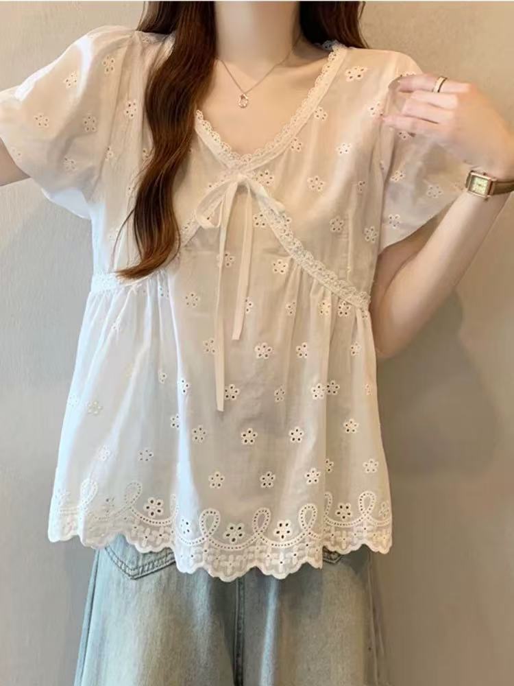 小孟~高级感蕾丝边V领衬衫上衣705